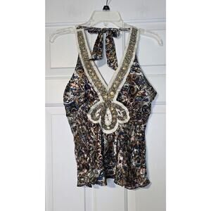 POLECI Designer HALTER‎ Top SHIRT Sheer Side Silk Blend Embellished Size 6